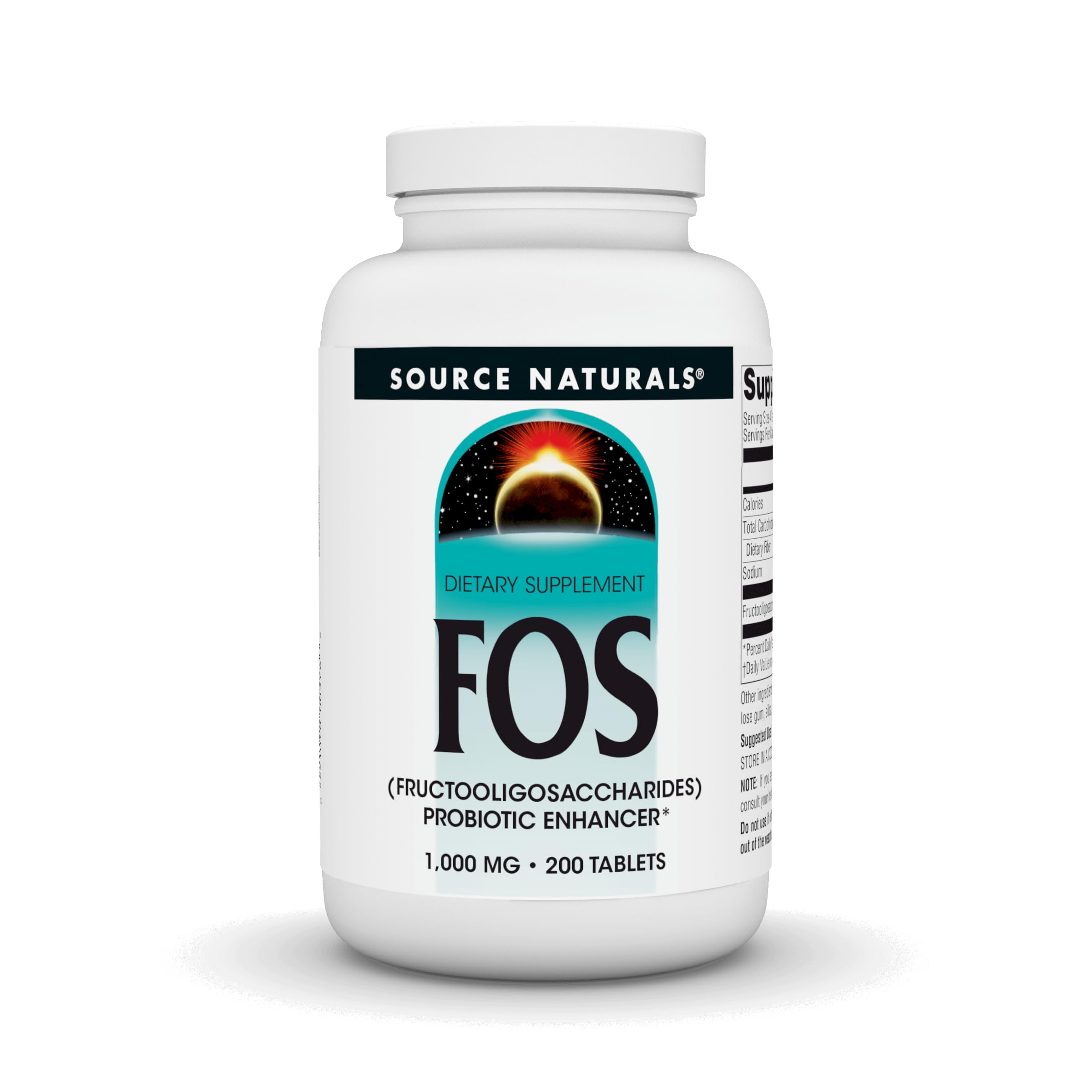 Source Naturals FOS 1000 mg bottle front label signals gut-supporting benefits.