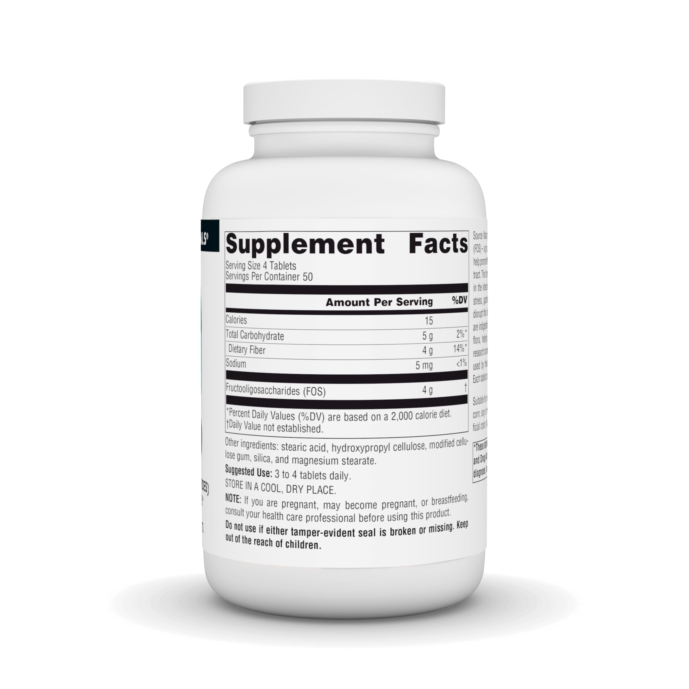 Source Naturals FOS 1000 mg tablets closeup highlights convenient daily use.