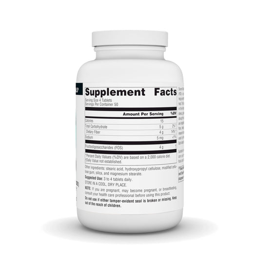 Source Naturals FOS 1000 mg tablets closeup highlights convenient daily use.