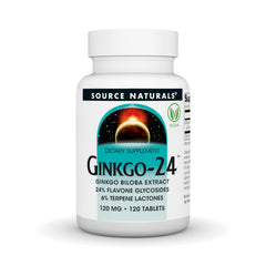 Source Naturals Ginkgo-24 bottle front highlights 24% flavone glycosides for antioxidant support.