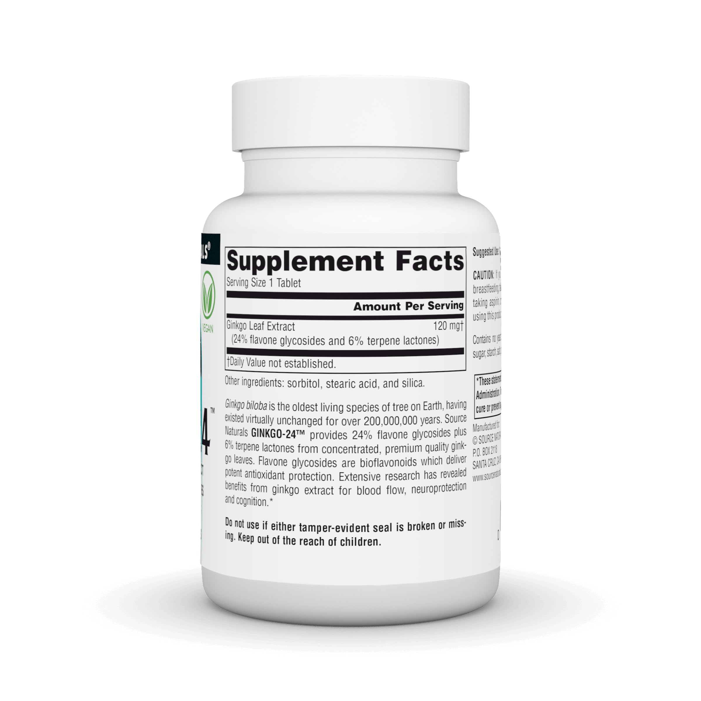 Source Naturals Ginkgo-24 bottle back label with manufacturing and supplement details.