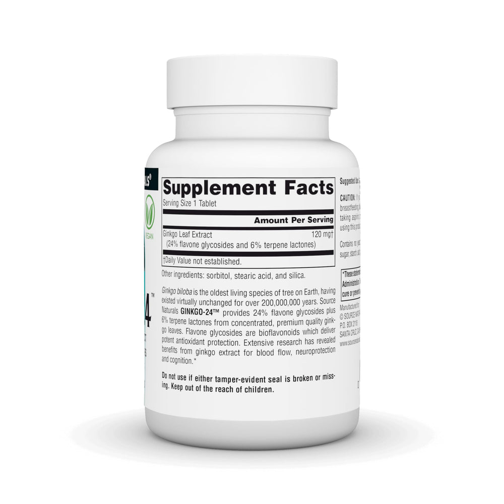 Source Naturals Ginkgo-24 bottle back label with manufacturing and supplement details.