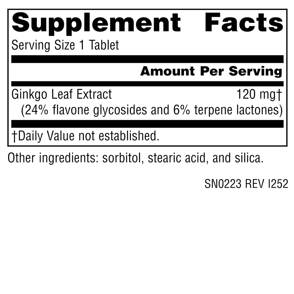 Source Naturals Ginkgo-24 tablets closeup shows 120 mg tablet for daily use.