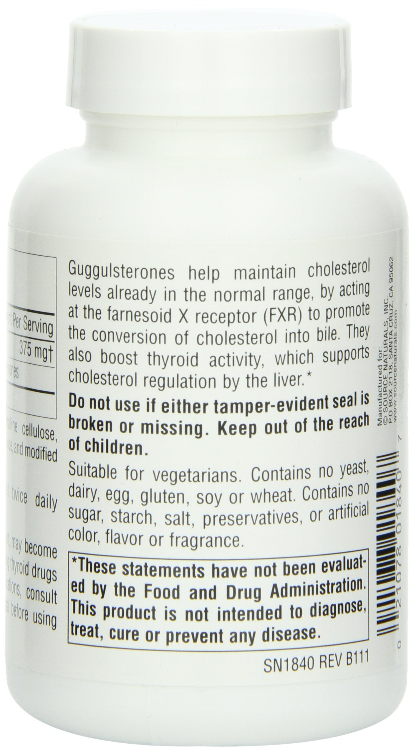 Source Naturals Guggulsterones facts panel notes 37.5 mg per tablet.