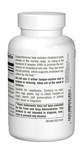Source Naturals Guggulsterones label close-up highlights vegetarian-friendly formula.