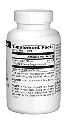 Source Naturals Guggulsterones bottle back label shows potency and serving size.