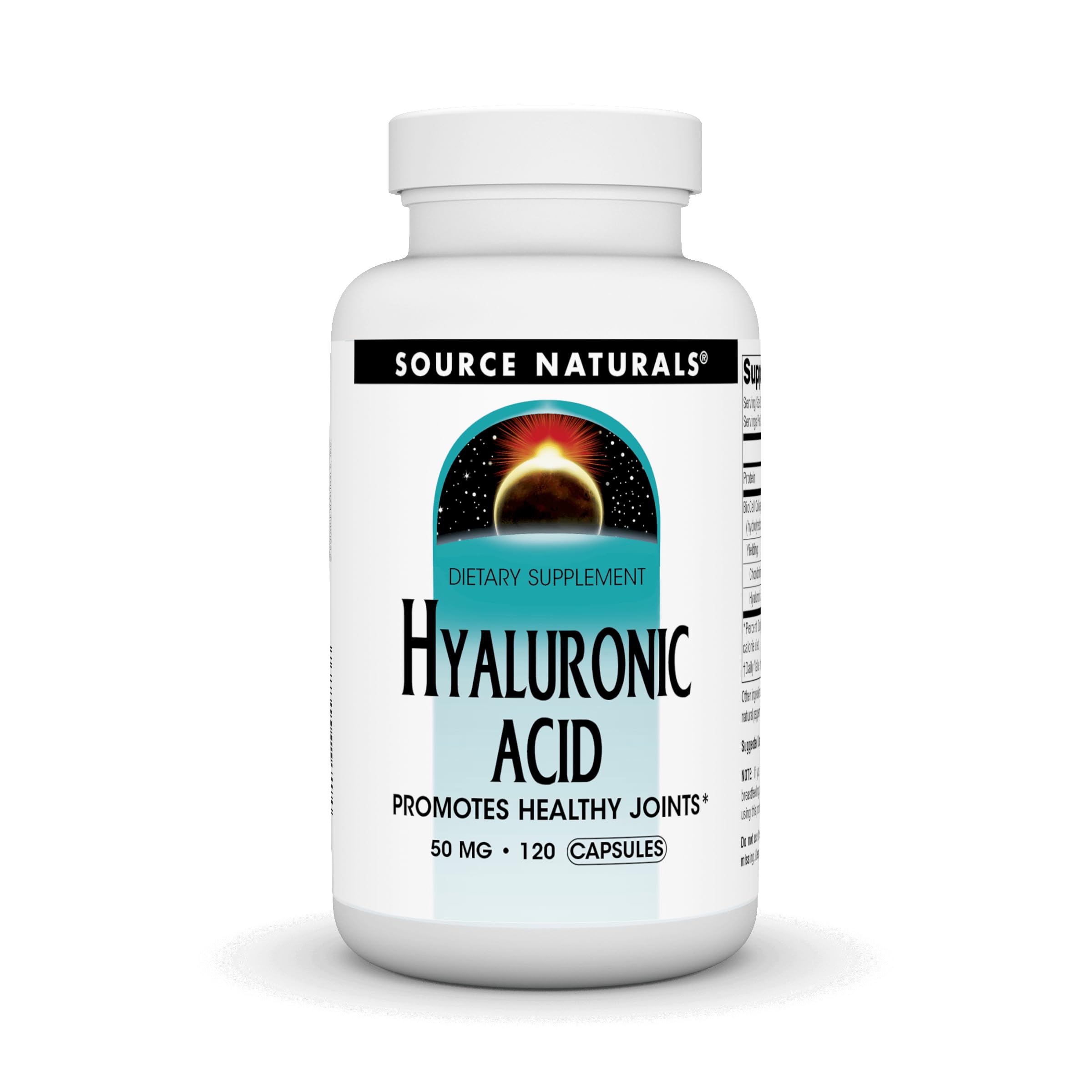 Source Naturals Hyaluronic Acid bottle front showing capsules for joint hydration.
