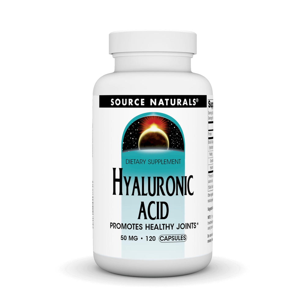 Source Naturals Hyaluronic Acid bottle front showing capsules for joint hydration.