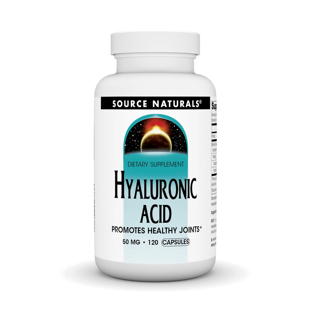 Source Naturals Hyaluronic Acid bottle front showing capsules for joint hydration.