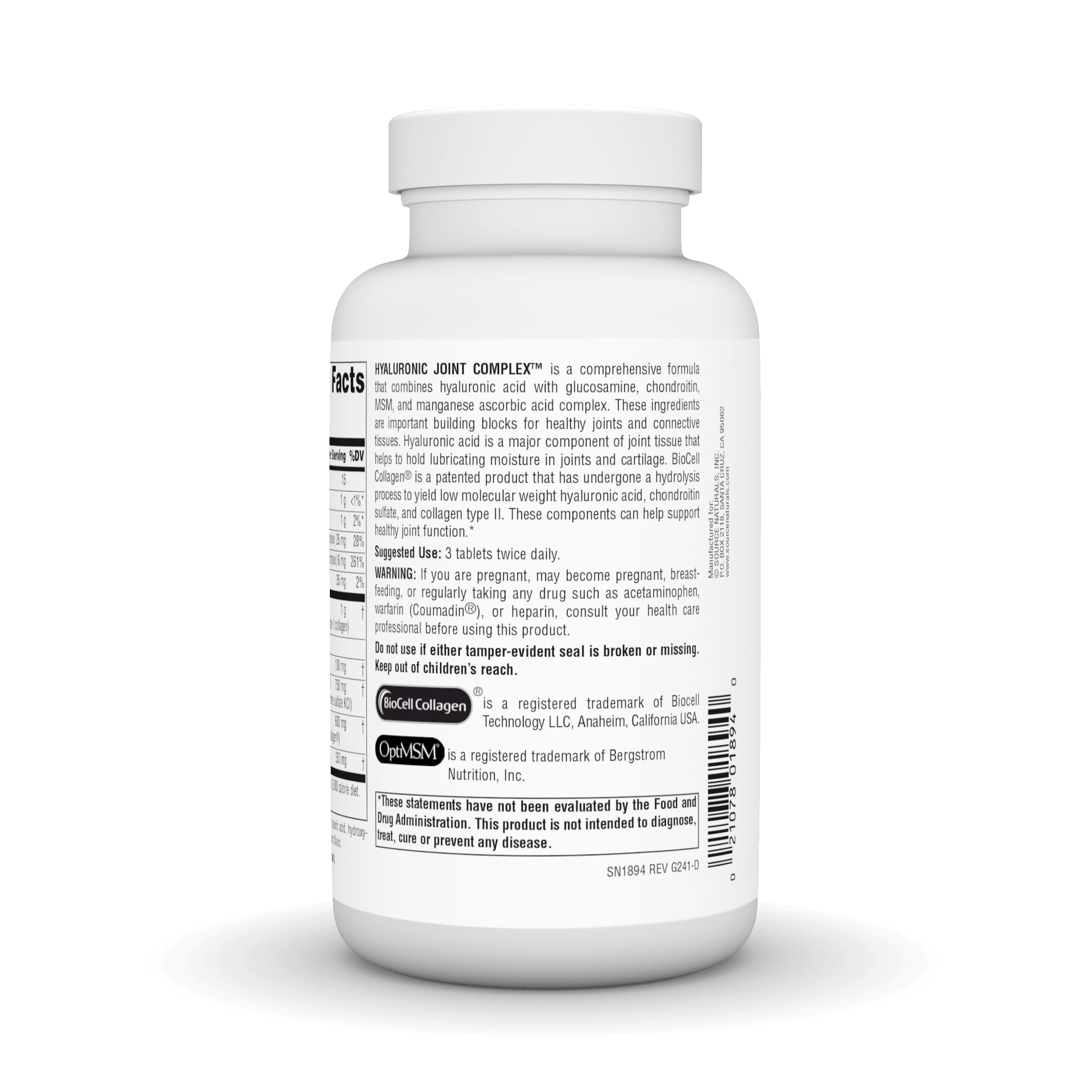 Source Naturals Hyaluronic Joint Complex label with glucosamine, chondroitin, and MSM