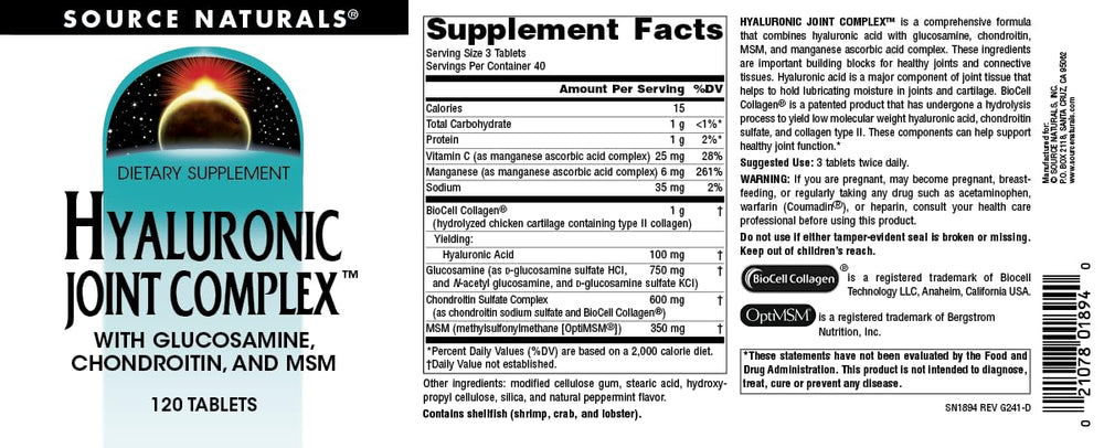 Pills beside a glass of water for Source Naturals Hyaluronic Joint Complex