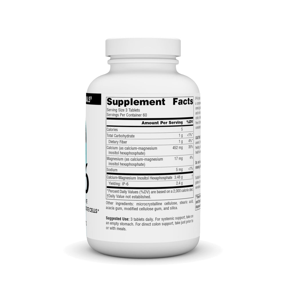 Close-up of IP-6 tablets in bottle, showing vegetarian-friendly supplement features.