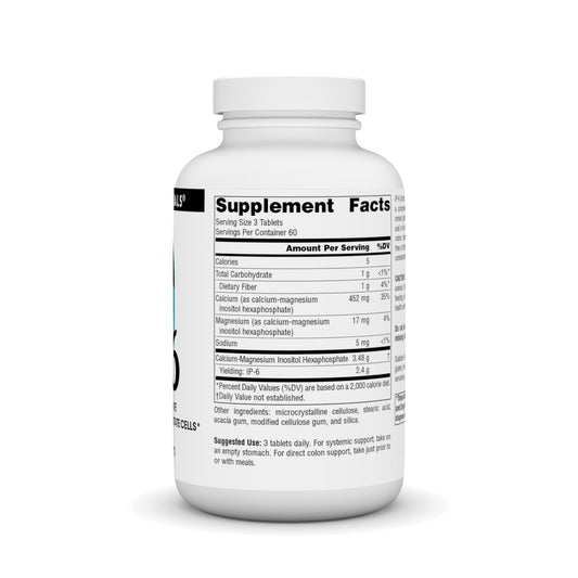 Close-up of IP-6 tablets in bottle, showing vegetarian-friendly supplement features.
