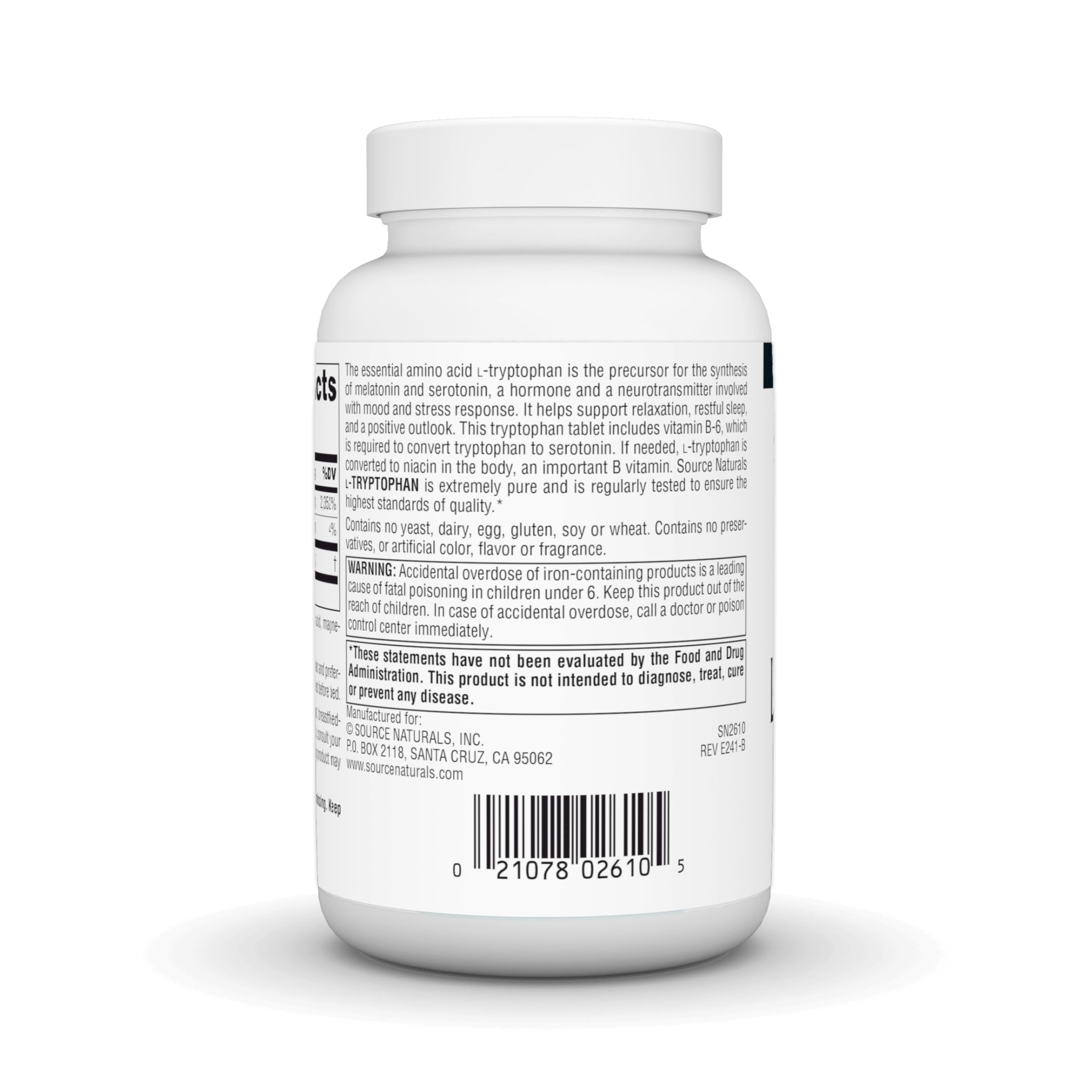 Source Naturals L-Tryptophan bottle front view with product details.