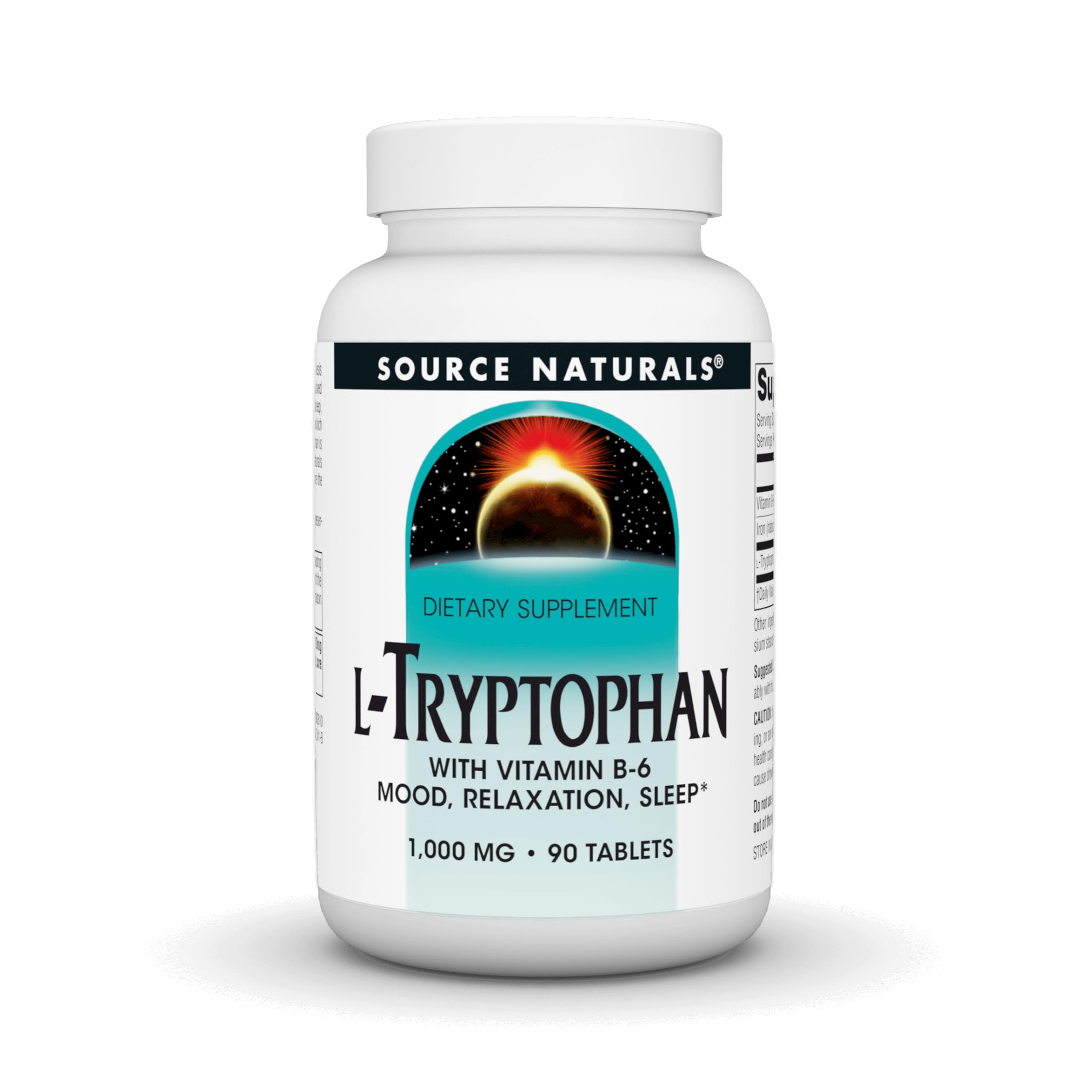 Source Naturals L-Tryptophan bottle label for easy recognition and informed use.