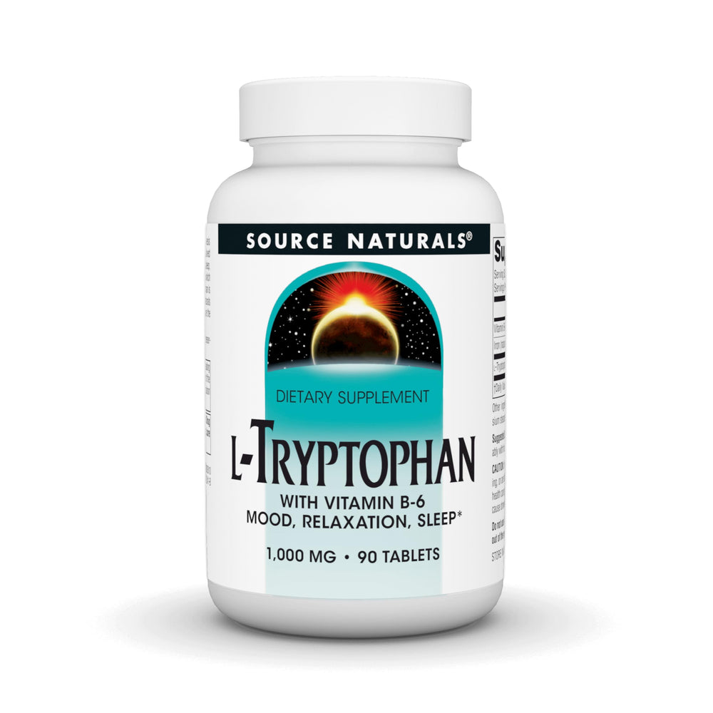 Source Naturals L-Tryptophan bottle label for easy recognition and informed use.
