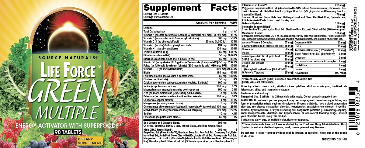Source Naturals Life Force Green Multi daily-dose setup ready with meals.