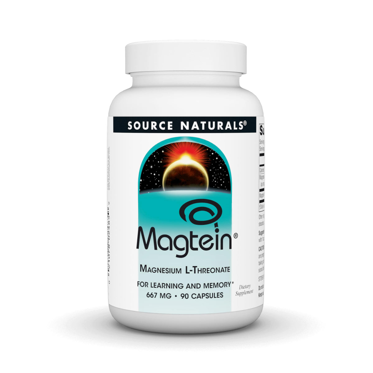 Source Naturals Magtein bottle being poured, suggesting focus support.