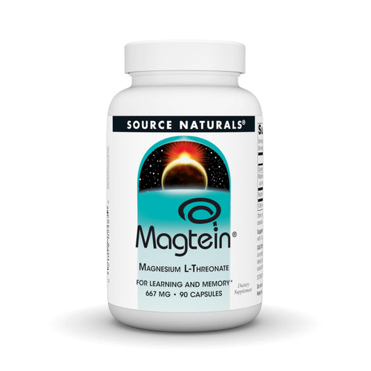 Source Naturals Magtein bottle being poured, suggesting focus support.