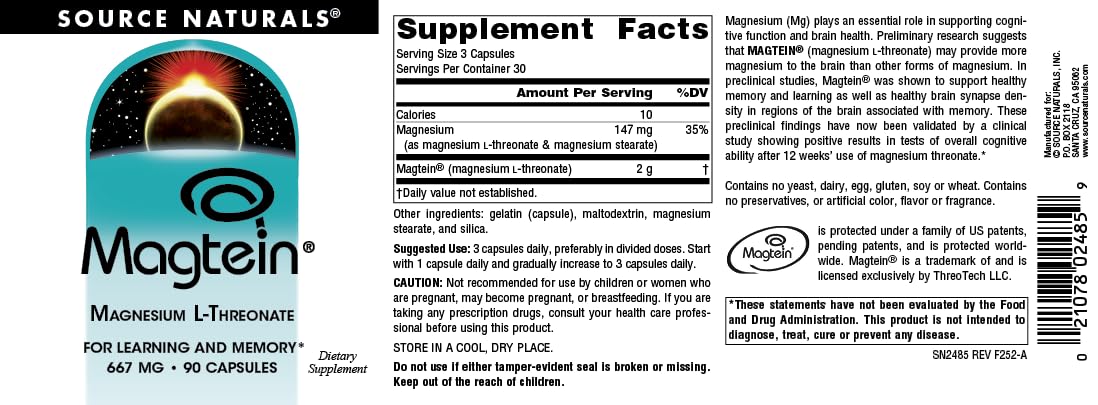 Source Naturals Magtein daily-use bottle shown for routine cognitive support.