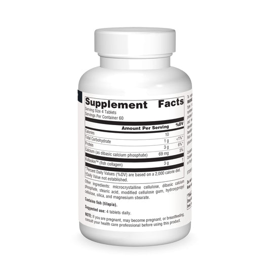 Source Naturals Marine Collagen tablets close-up highlighting tablet shape and dosage.