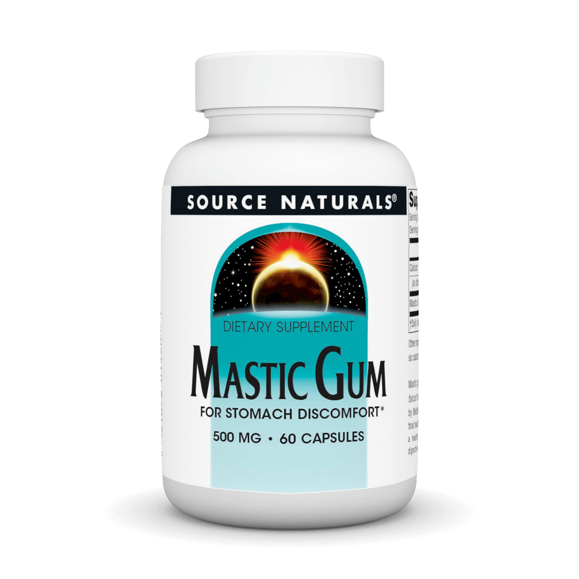 Source Naturals Mastic Gum bottle front highlighting stomach comfort support.
