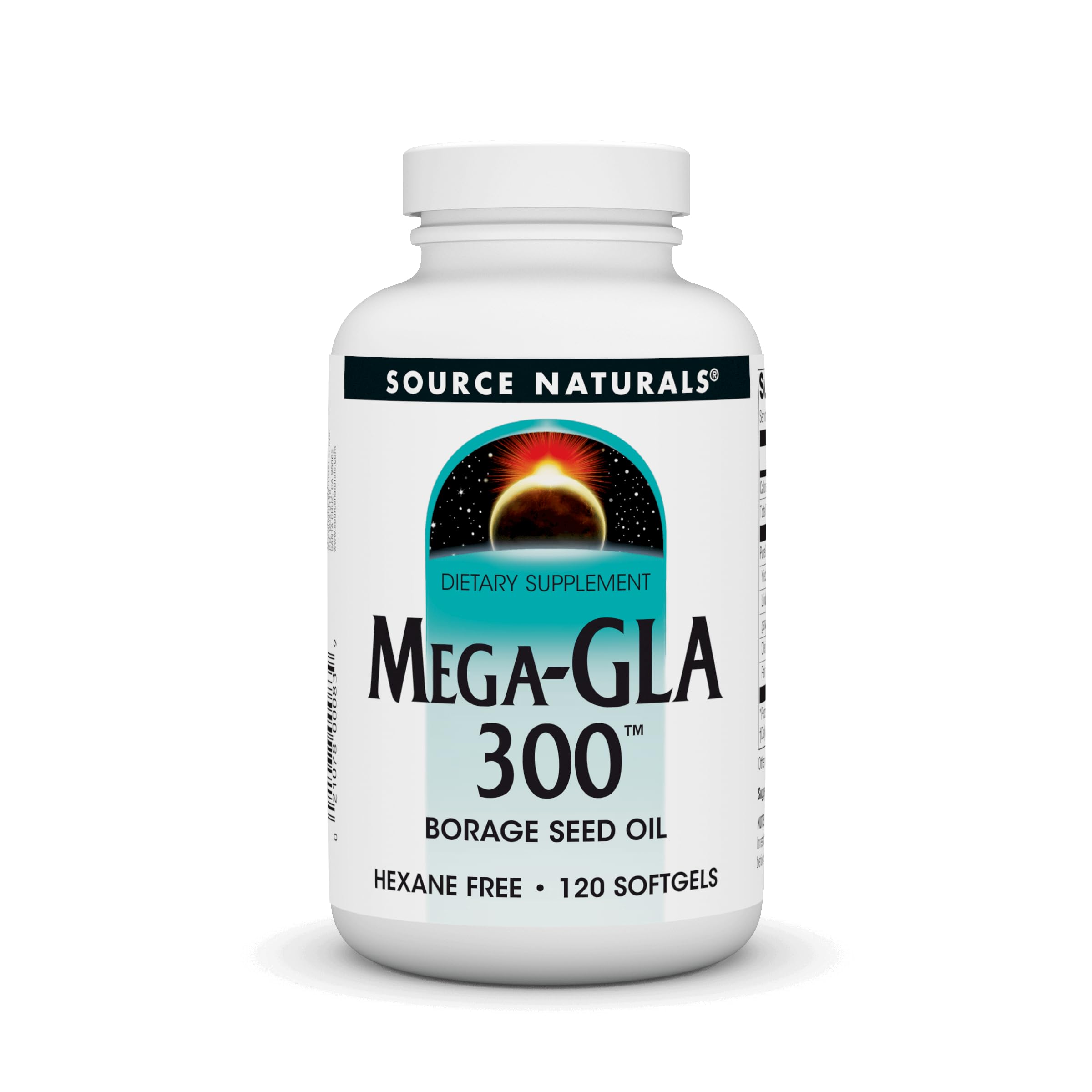 Source Naturals Mega-GLA 300 softgels in hexane-free bottle support daily essential fatty acids.