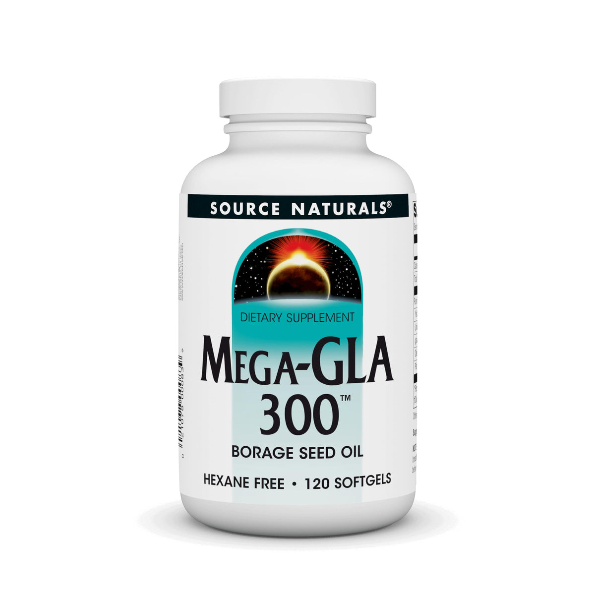 Source Naturals Mega-GLA 300 softgels in hexane-free bottle support daily essential fatty acids.