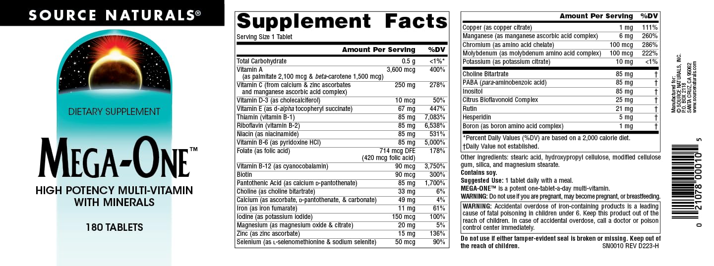 Source Naturals Mega-One bottle with meal, suggesting improved absorption with food.
