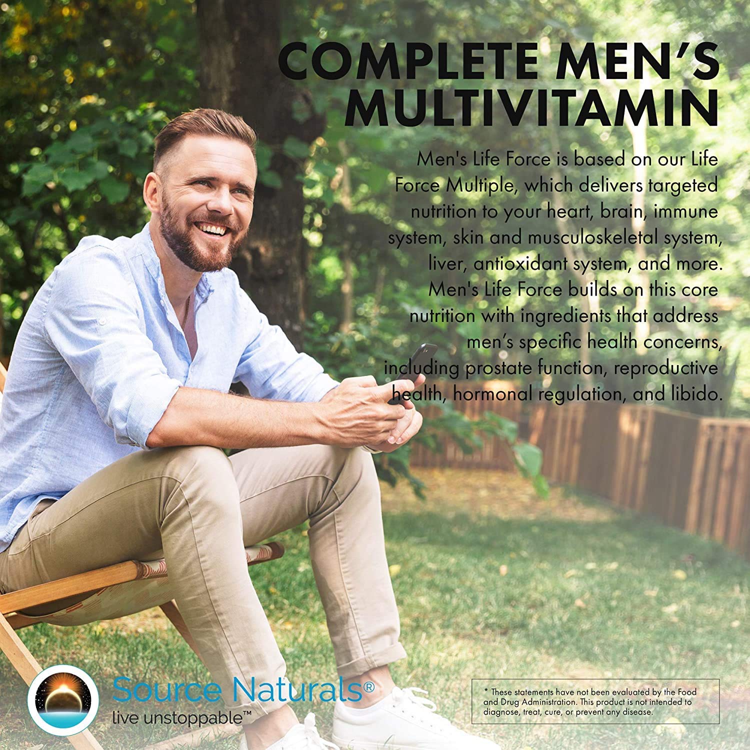 Source Naturals Men's Life Force box and bottle on desk for everyday vitality.