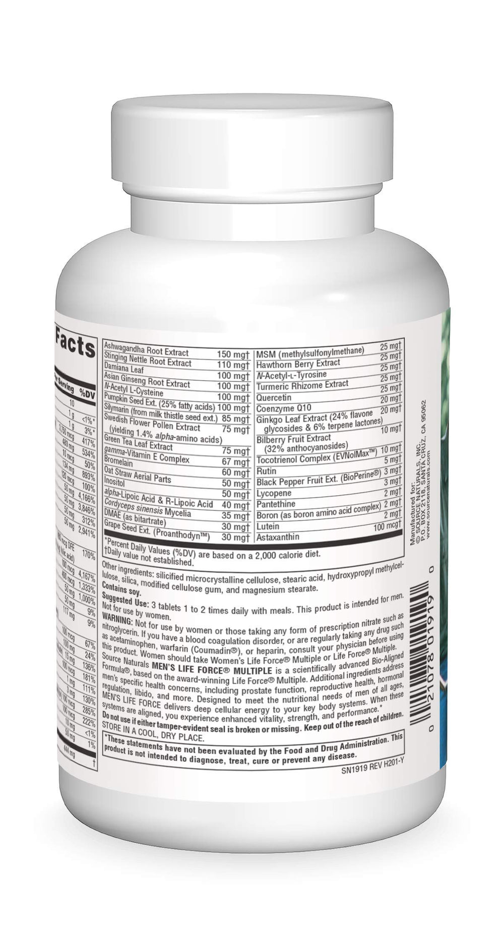 Source Naturals Men's Life Force label close-up highlights 13 essential vitamins and minerals.