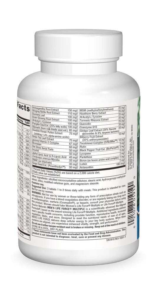Source Naturals Men's Life Force label close-up highlights 13 essential vitamins and minerals.