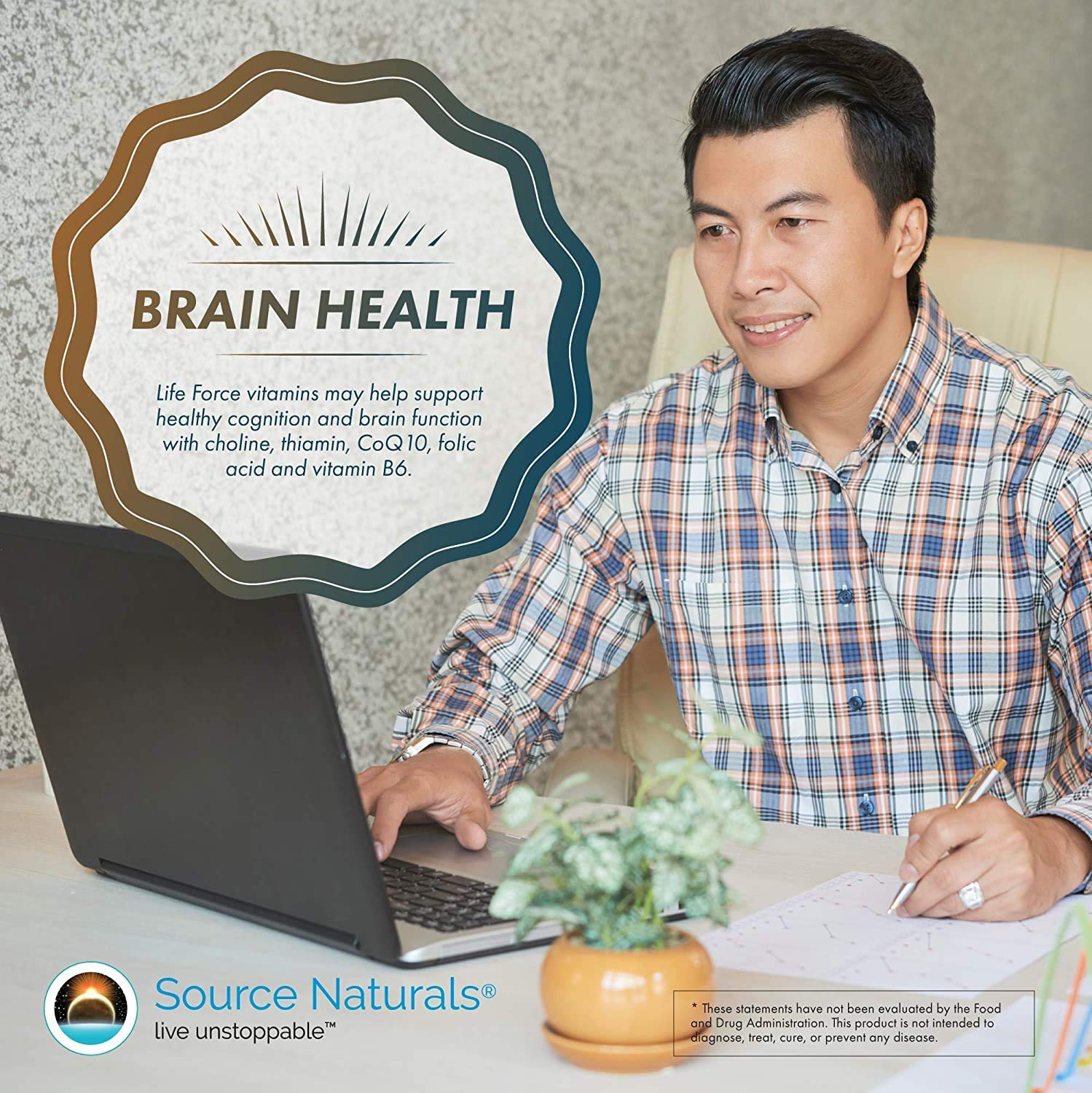 Source Naturals Men's Life Force next to a healthy meal suggests mealtime dosing.