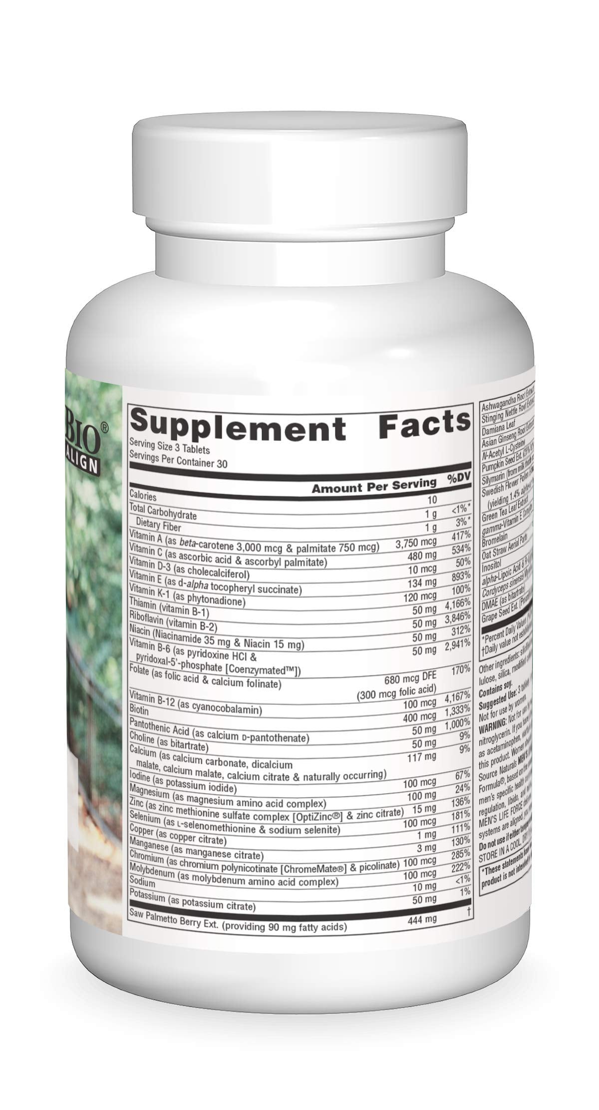 Source Naturals Men's Life Force tablets close-up shows easy daily dosing with meals.