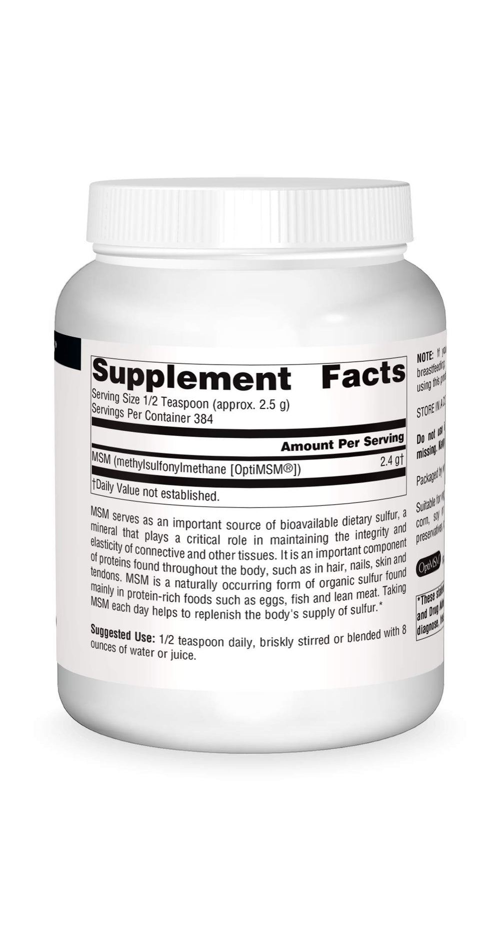 Source Naturals MSM powder dissolves in water illustrating easy mixability