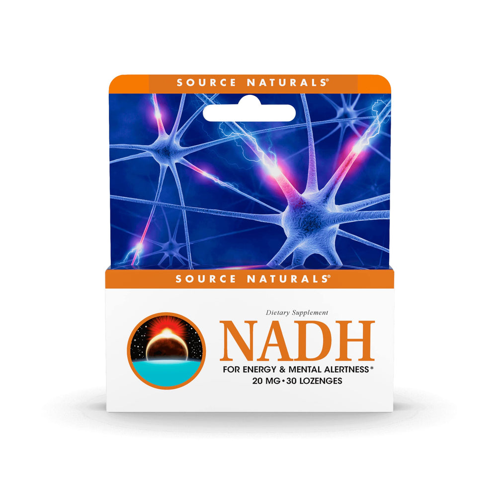 Source Naturals NADH 20mg lozenges bottle on desk supports daily energy and alertness.