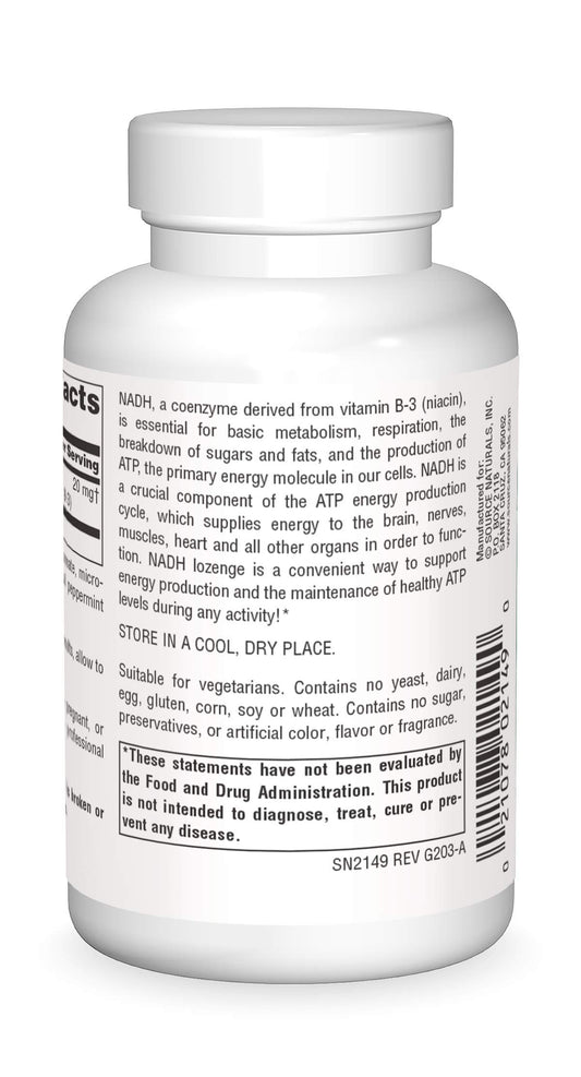 Source Naturals NADH lozenges close-up for compact energy support.