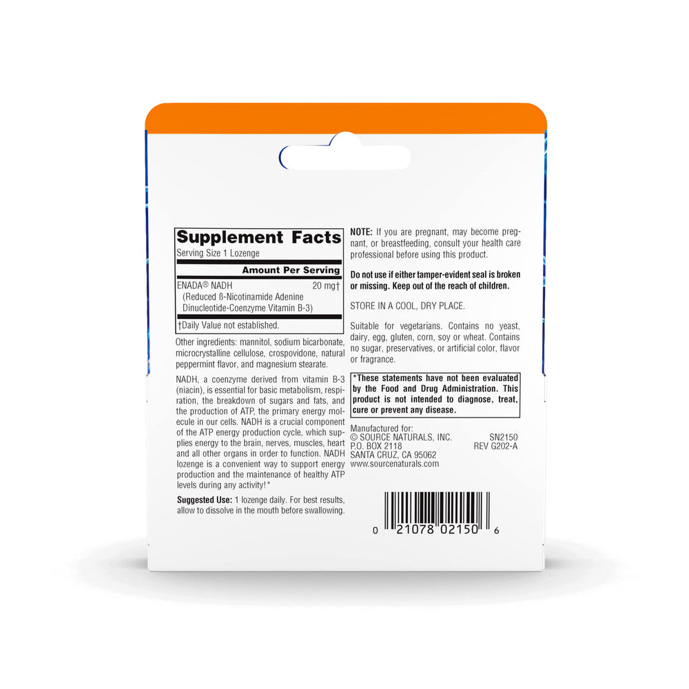 Source Naturals NADH 20mg lozenges on table suggest portability and daily use.