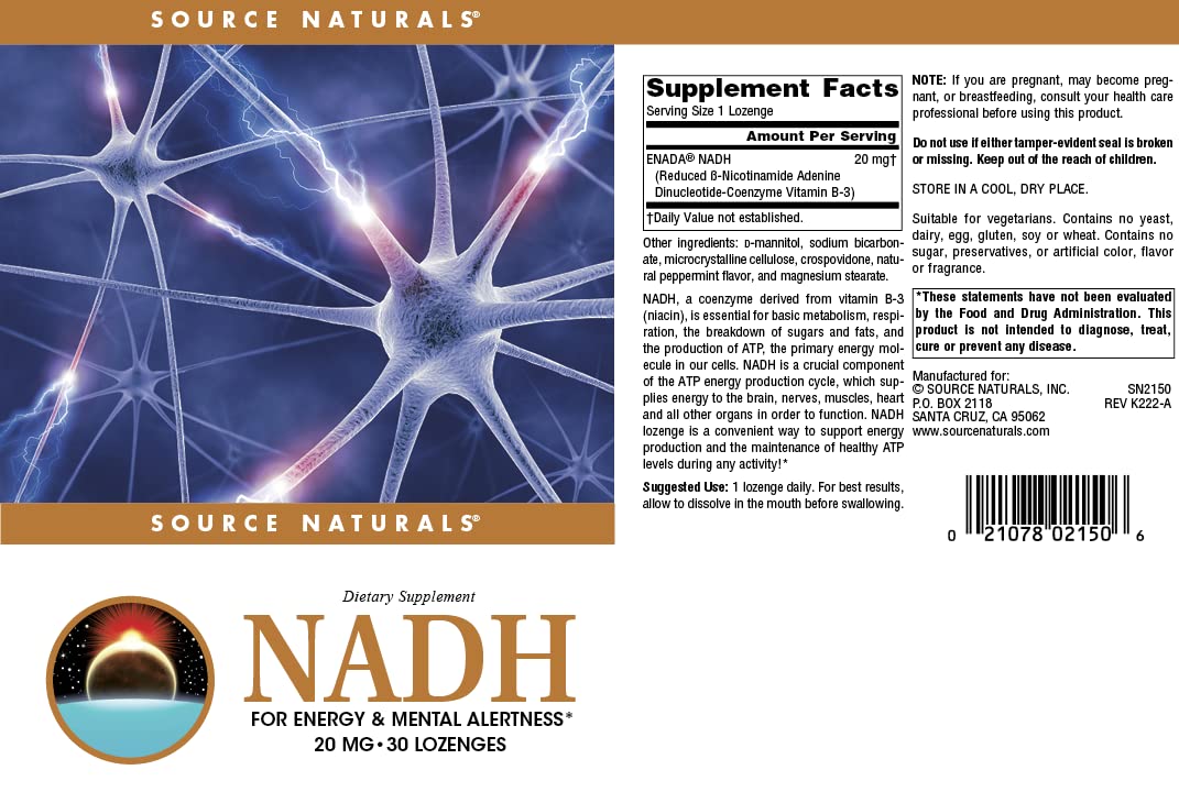 Source Naturals NADH 20mg US manufacturing label highlights cGMP compliance.