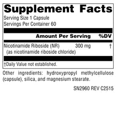 Source Naturals NR bottle back label with dosage and NAD+ context.