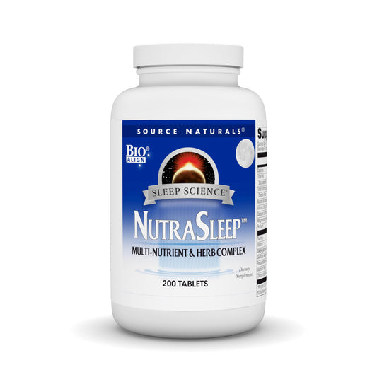 Source Naturals NutraSleep bottle with label highlighting melatonin-free relaxation support