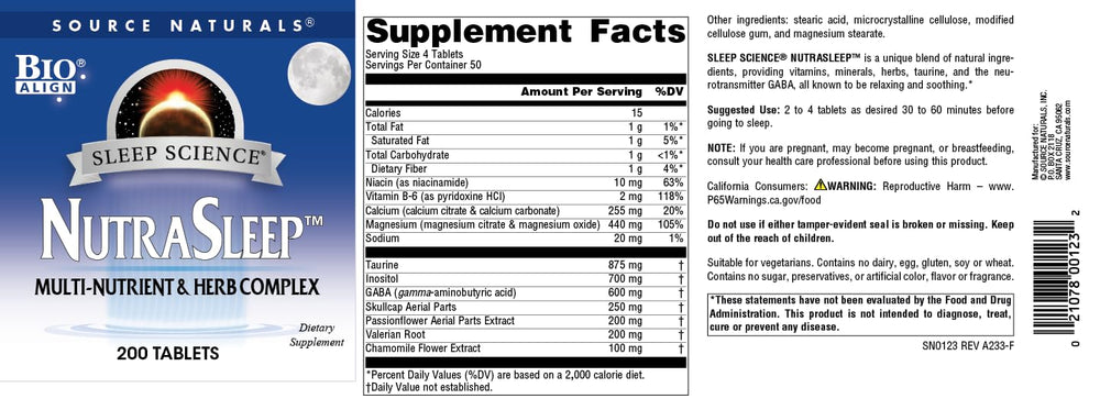 NutraSleep vegetarian formula label, dairy-free and gluten-free options