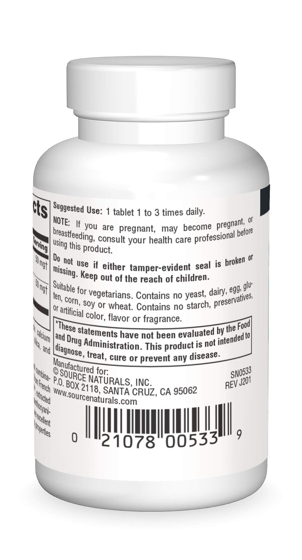 Source Naturals Pycnogenol & Grape Seed tablets on label highlighting proanthocyanidins.