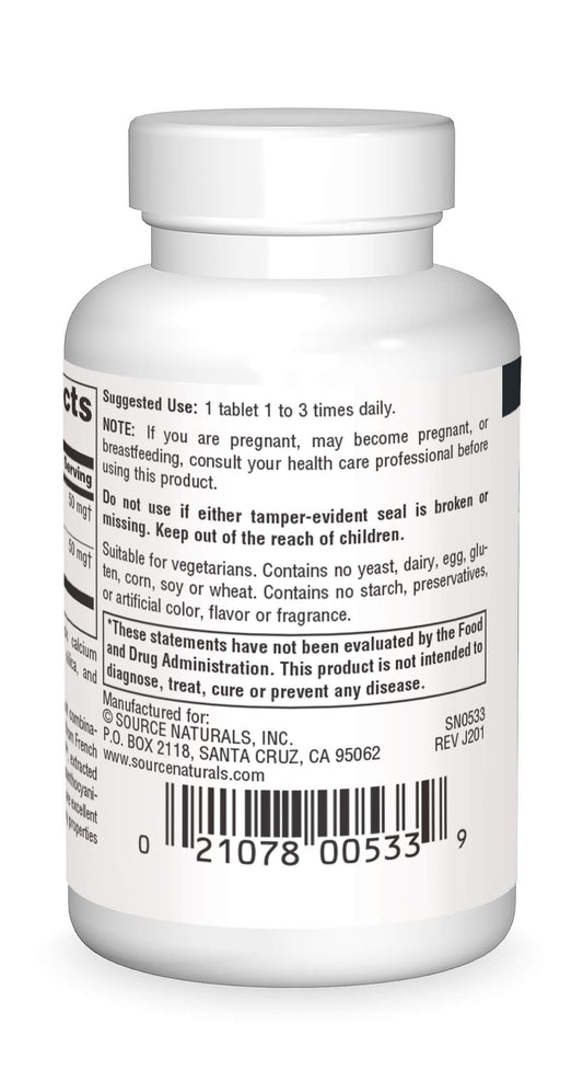 Source Naturals Pycnogenol & Grape Seed tablets on label highlighting proanthocyanidins.