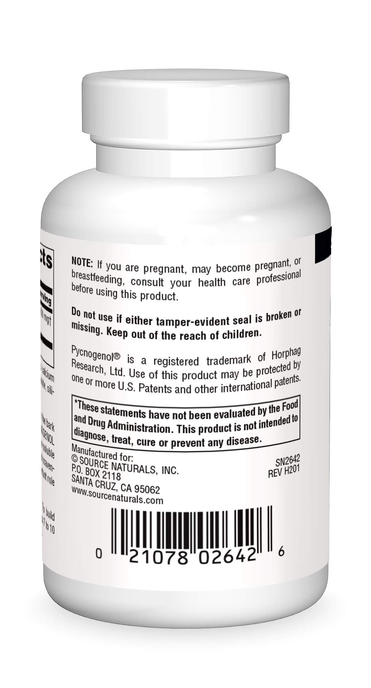Source Naturals Pycnogenol label close-up showing French maritime pine bark extract for antioxidant support.