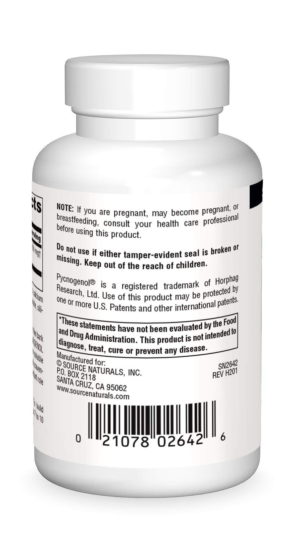 Source Naturals Pycnogenol label close-up showing French maritime pine bark extract for antioxidant support.