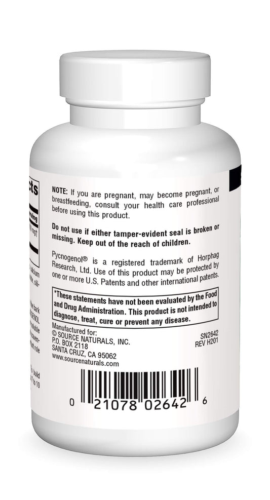 Source Naturals Pycnogenol label close-up showing French maritime pine bark extract for antioxidant support.