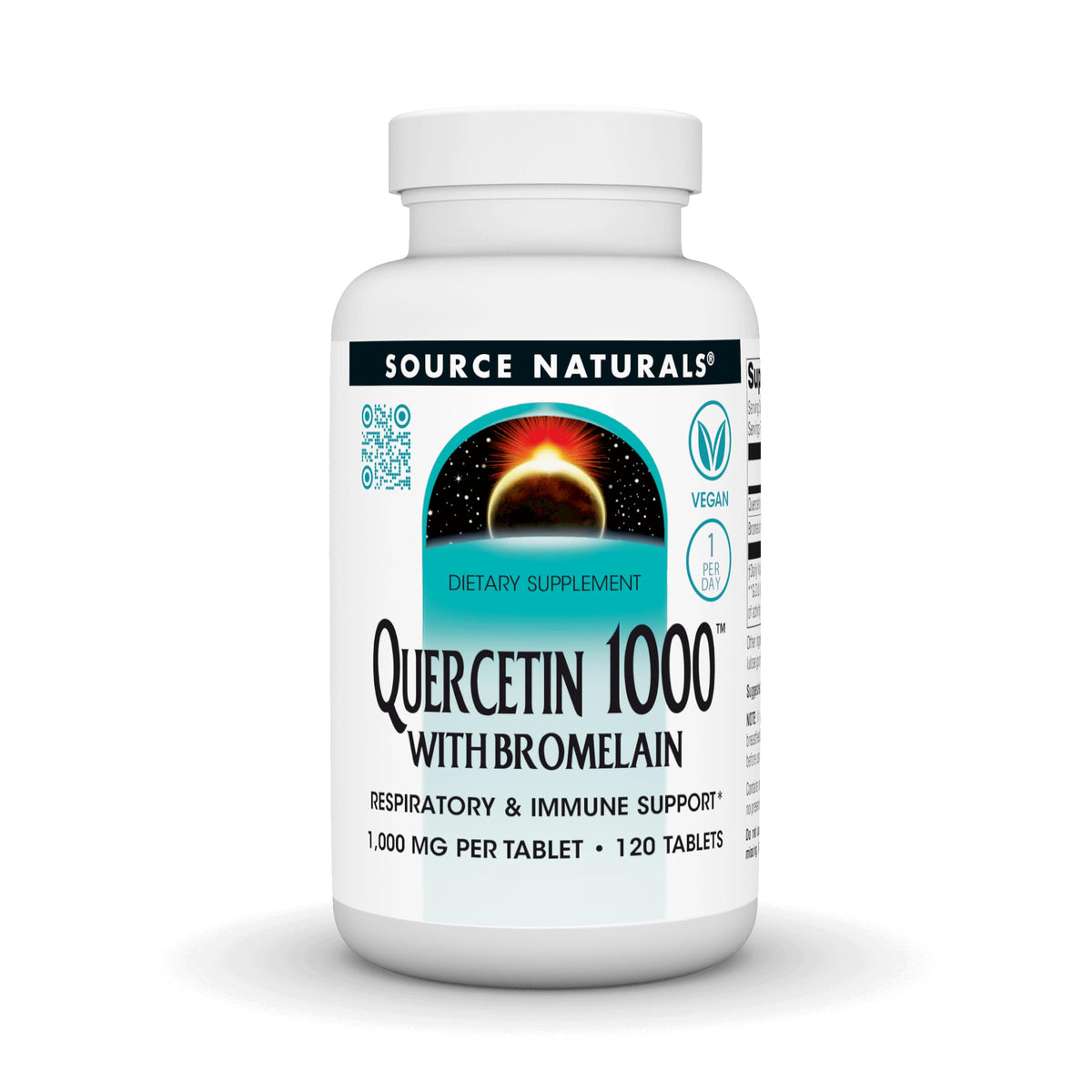 Source Naturals Quercetin 1000 with Bromelain bottle for easy daily supplementation.