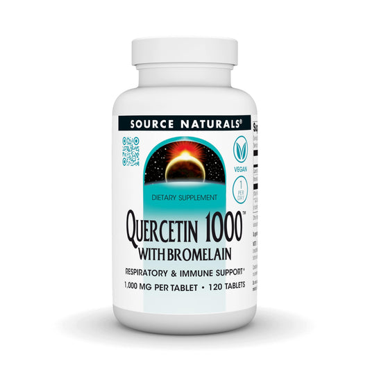 Source Naturals Quercetin 1000 with Bromelain bottle for easy daily supplementation.