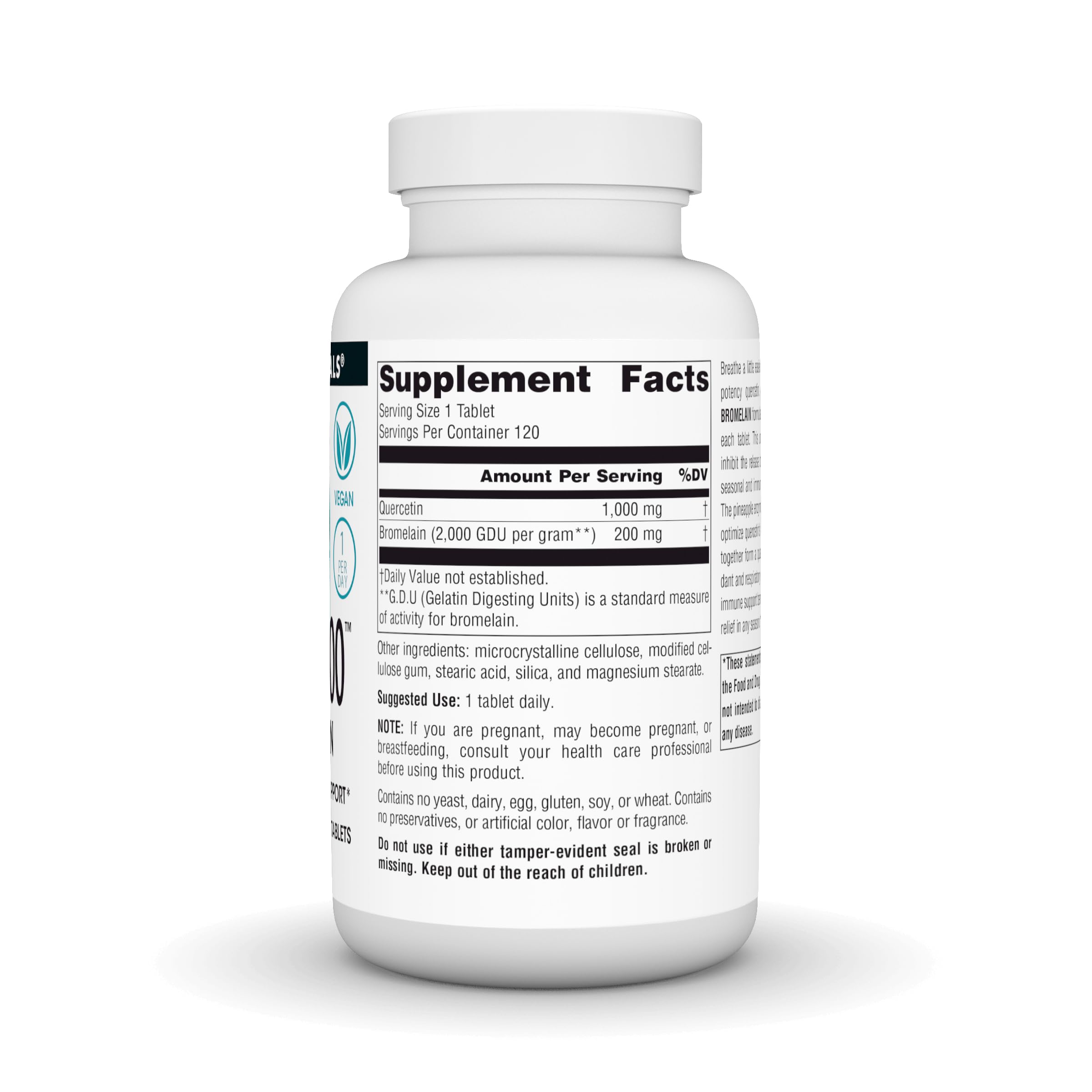 Label of Source Naturals Quercetin 1000 with Bromelain highlighting vegan-friendly tablets.